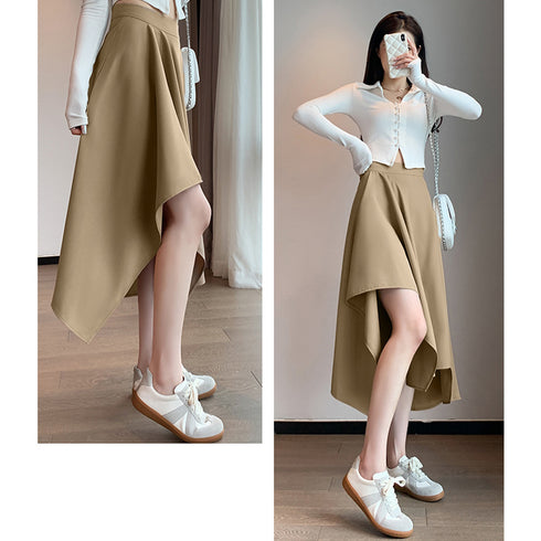 アシンメトリー スカート Aライン 韓国 レディース ハイウエスト フレア プリーツスカート 膝下丈 レトロ おしゃれ 大人可愛い デート服 カジュアル 春夏秋 99XCFS-003