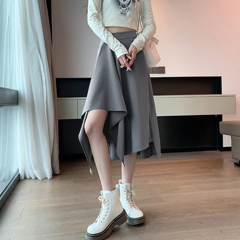 アシンメトリー スカート Aライン 韓国 レディース ハイウエスト フレア プリーツスカート 膝下丈 レトロ おしゃれ 大人可愛い デート服 カジュアル 春夏秋 99XCFS-003