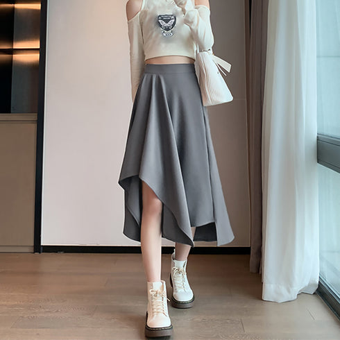 アシンメトリー スカート Aライン 韓国 レディース ハイウエスト フレア プリーツスカート 膝下丈 レトロ おしゃれ 大人可愛い デート服 カジュアル 春夏秋 99XCFS-003