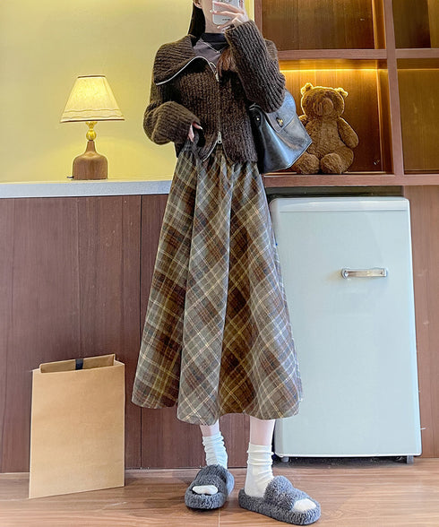 フレアスカート チェック柄 美脚 春秋冬 レディース 膝下丈スカート きれいめ ウエストゴム ハイウエスト ボトムス 体型カバー 大人可愛い おしゃれ 韓国風 99XCFS-004