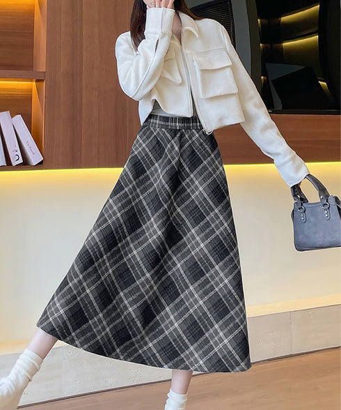 フレアスカート チェック柄 美脚 春秋冬 レディース 膝下丈スカート きれいめ ウエストゴム ハイウエスト ボトムス 体型カバー 大人可愛い おしゃれ 韓国風 99XCFS-004