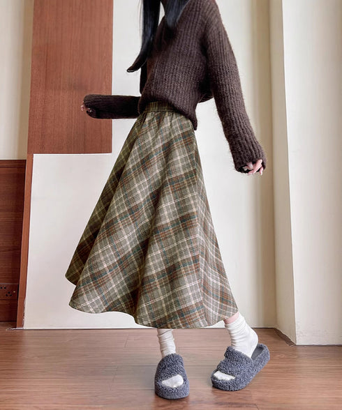 フレアスカート チェック柄 美脚 春秋冬 レディース 膝下丈スカート きれいめ ウエストゴム ハイウエスト ボトムス 体型カバー 大人可愛い おしゃれ 韓国風 99XCFS-004