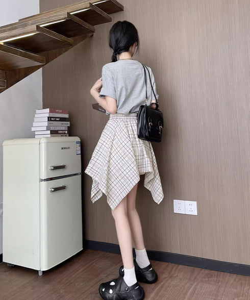 スカパン スカート チェック柄 春夏 レディース インナーパンツ付き ウエストゴム ウエストマーク ハイウエスト Aライン カジュアル 大人 可愛い 原宿系 99XCFS-006
