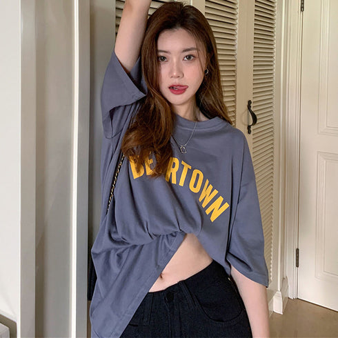 半袖Tシャツ レディース 韓国 英字ロゴ 全3色 プリントTシャツ カットソー シルエット 体型カバー ロング丈 ゆったり オルチャン カジュアル 古着風 99XHD-003