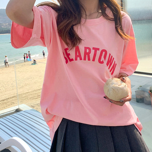 半袖Tシャツ レディース 韓国 英字ロゴ 全3色 プリントTシャツ カットソー シルエット 体型カバー ロング丈 ゆったり オルチャン カジュアル 古着風 99XHD-003