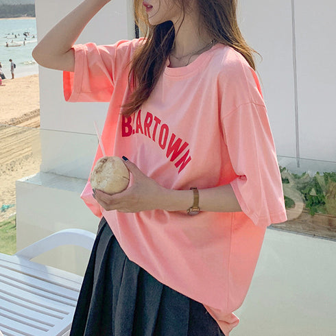 半袖Tシャツ レディース 韓国 英字ロゴ 全3色 プリントTシャツ カットソー シルエット 体型カバー ロング丈 ゆったり オルチャン カジュアル 古着風 99XHD-003