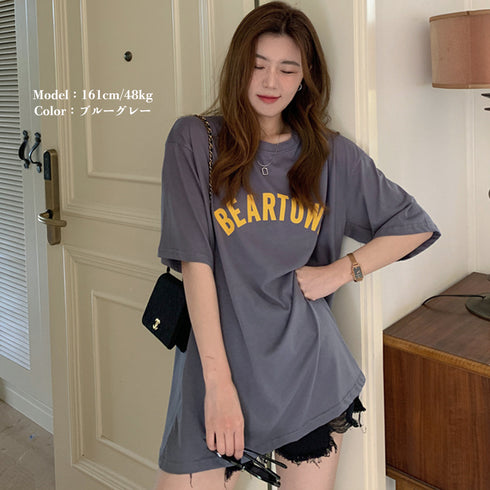 半袖Tシャツ レディース 韓国 英字ロゴ 全3色 プリントTシャツ カットソー シルエット 体型カバー ロング丈 ゆったり オルチャン カジュアル 古着風 99XHD-003