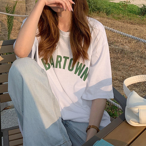 半袖Tシャツ レディース 韓国 英字ロゴ 全3色 プリントTシャツ カットソー シルエット 体型カバー ロング丈 ゆったり オルチャン カジュアル 古着風 99XHD-003
