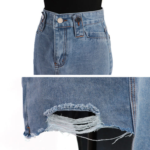 デニムスカート レディース ダメージ加工 夏 Aライン タイト美ライン 韓国風 ハイウエスト ボトムス 裾フリンジ 美脚 脚長 セクシー 大人 カジュアル 99XHD-009