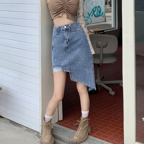 デニムスカート レディース ダメージ加工 夏 Aライン タイト美ライン 韓国風 ハイウエスト ボトムス 裾フリンジ 美脚 脚長 セクシー 大人 カジュアル 99XHD-009