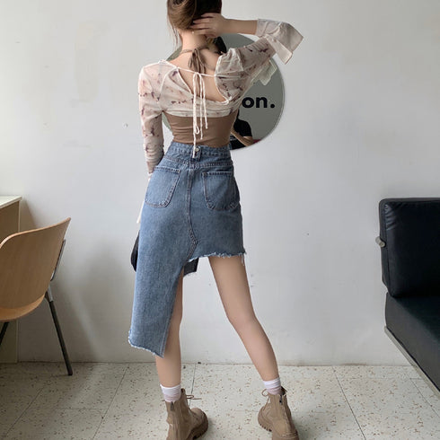 デニムスカート レディース ダメージ加工 夏 Aライン タイト美ライン 韓国風 ハイウエスト ボトムス 裾フリンジ 美脚 脚長 セクシー 大人 カジュアル 99XHD-009