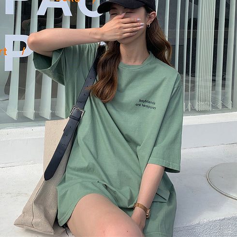 ワンポイント Tシャツ レディース 春夏 半袖Tシャツ トップス オルチャン ロング丈 ゆったり カットソー ラウンドネック カジュアル 韓国風 おしゃれ 99XHD-010