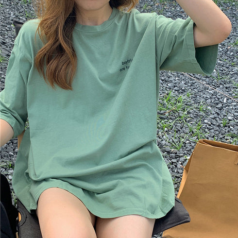 ワンポイント Tシャツ レディース 春夏 半袖Tシャツ トップス オルチャン ロング丈 ゆったり カットソー ラウンドネック カジュアル 韓国風 おしゃれ 99XHD-010