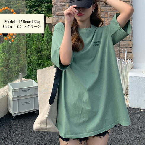 ワンポイント Tシャツ レディース 春夏 半袖Tシャツ トップス オルチャン ロング丈 ゆったり カットソー ラウンドネック カジュアル 韓国風 おしゃれ 99XHD-010