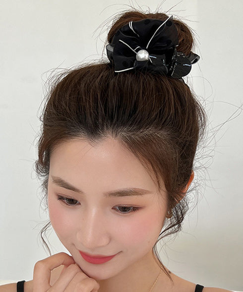 ヘアクリップ レースリボン パール付き レディース ヘアアクセサリー ドット柄 大人可愛い 髪飾り ヘアアレンジ カジュアル 女子会 二次会 デート ヘアグッズ 99XHSP-004