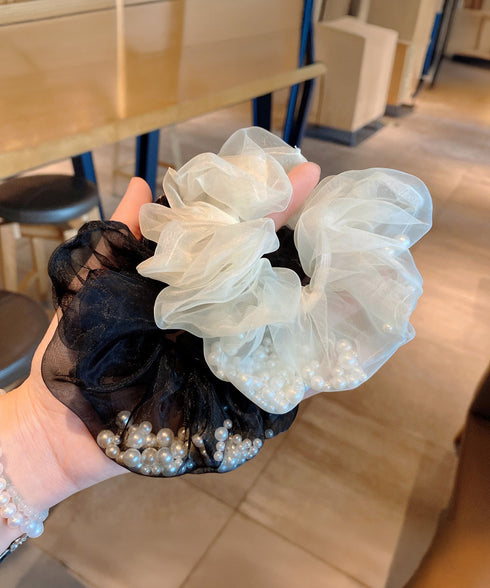 チュールシュシュ パール付きヘアゴム 黒 レディース ヘアアクセサリー まとめ髪 ポニーテール オフィスカジュアル 韓国風 きれいめ お団子 ヘアグッズ 発表会 99XHSP-005