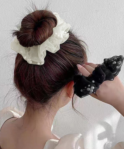 チュールシュシュ パール付きヘアゴム 黒 レディース ヘアアクセサリー まとめ髪 ポニーテール オフィスカジュアル 韓国風 きれいめ お団子 ヘアグッズ 発表会 99XHSP-005