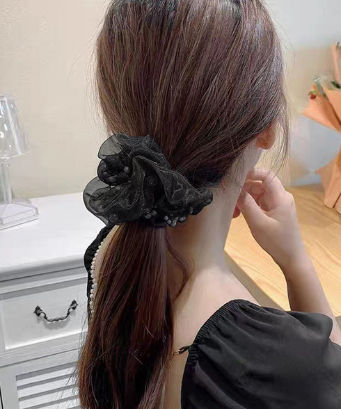 チュールシュシュ パール付きヘアゴム 黒 レディース ヘアアクセサリー まとめ髪 ポニーテール オフィスカジュアル 韓国風 きれいめ お団子 ヘアグッズ 発表会 99XHSP-005