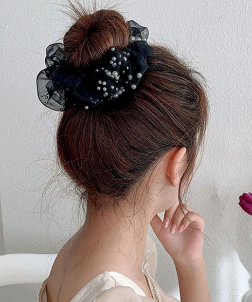チュールシュシュ パール付きヘアゴム 黒 レディース ヘアアクセサリー まとめ髪 ポニーテール オフィスカジュアル 韓国風 きれいめ お団子 ヘアグッズ 発表会 99XHSP-005