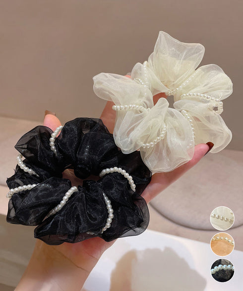 オーガンジーシュシュ パール付き 韓国風 レディースヘアゴム ヘアアクセサリー ポニーテール 大人可愛い トレンド 上品 ガーリー 透け感 発表会 女子会 デート 99XHSP-007