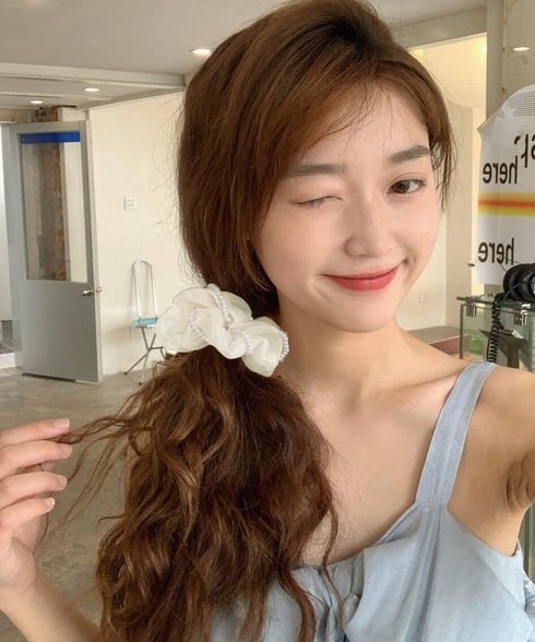 オーガンジーシュシュ パール付き 韓国風 レディースヘアゴム ヘアアクセサリー ポニーテール 大人可愛い トレンド 上品 ガーリー 透け感 発表会 女子会 デート 99XHSP-007