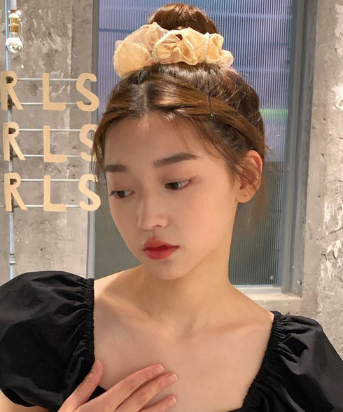 オーガンジーシュシュ パール付き 韓国風 レディースヘアゴム ヘアアクセサリー ポニーテール 大人可愛い トレンド 上品 ガーリー 透け感 発表会 女子会 デート 99XHSP-007