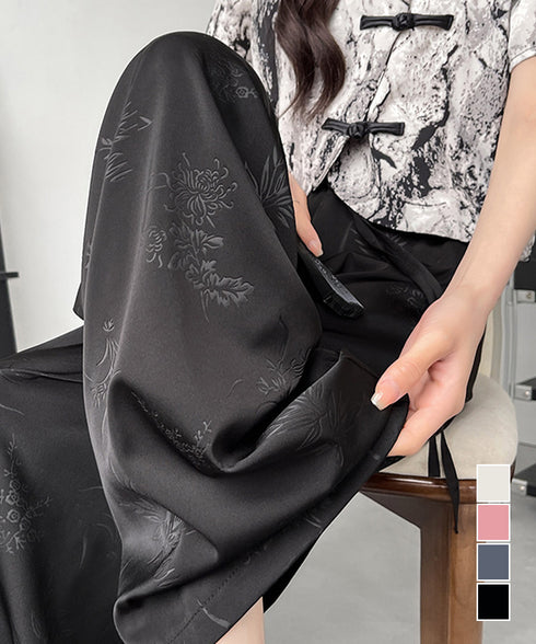 ワイドパンツ チャイナ風 ハイウエスト レディース オリエンタル系 ウエストゴム 体型カバー ヴィンテージ レトロ風ゆったり 着やせ美脚 脚長 オシャレシンプル 99YDFS-003