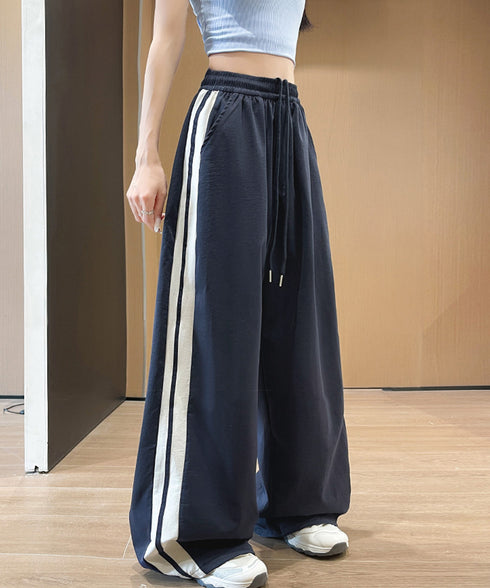 ワイドパンツ 配色 サイドライン 春夏 レディース ハイウエスト リラックス ストレート イージーパンツ ゆったり 着やせ ロングパンツ 大人可愛い運動着 秋 99YHFS-003