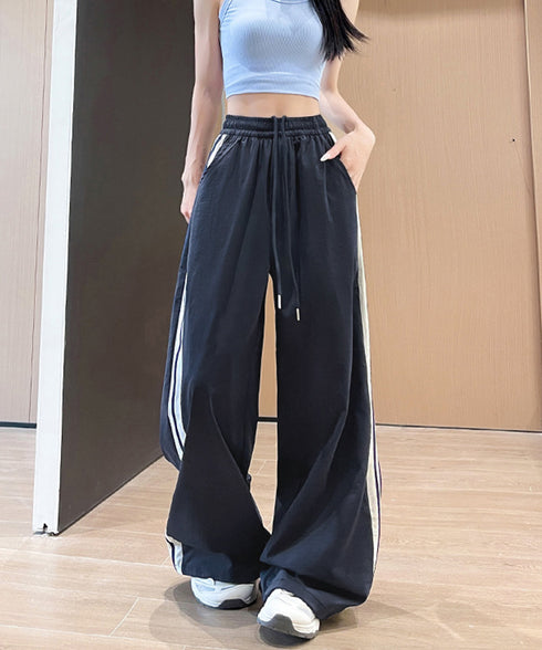 ワイドパンツ 配色 サイドライン 春夏 レディース ハイウエスト リラックス ストレート イージーパンツ ゆったり 着やせ ロングパンツ 大人可愛い運動着 秋 99YHFS-003