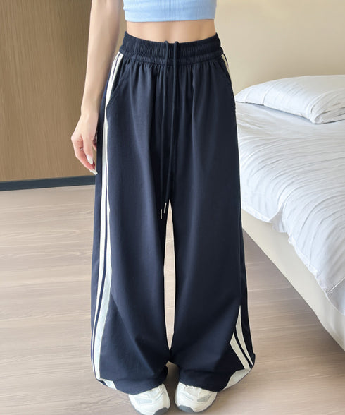 ワイドパンツ 配色 サイドライン 春夏 レディース ハイウエスト リラックス ストレート イージーパンツ ゆったり 着やせ ロングパンツ 大人可愛い運動着 秋 99YHFS-003