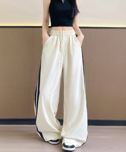 ワイドパンツ 配色 サイドライン 春夏 レディース ハイウエスト リラックス ストレート イージーパンツ ゆったり 着やせ ロングパンツ 大人可愛い運動着 秋 99YHFS-003
