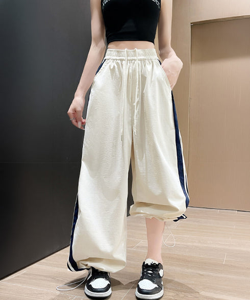 ワイドパンツ 配色 サイドライン 春夏 レディース ハイウエスト リラックス ストレート イージーパンツ ゆったり 着やせ ロングパンツ 大人可愛い運動着 秋 99YHFS-003