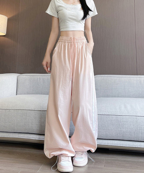 ワイドパンツ 配色 サイドライン 春夏 レディース ハイウエスト リラックス ストレート イージーパンツ ゆったり 着やせ ロングパンツ 大人可愛い運動着 秋 99YHFS-003