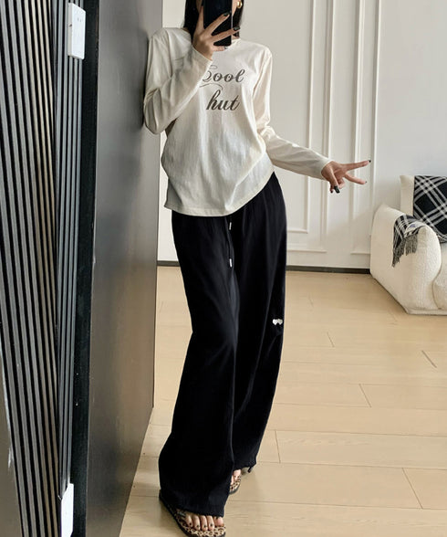 ハート刺しゅう ワイドパンツ 春夏秋 レディース ゆったり ストレートパンツ ストリート 着やせ 韓国風おしゃれ 美脚 ロングパンツ 大人可愛い 99YHFS-004