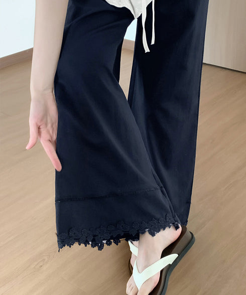 裾レース ワイドパンツ カジュアルパンツ レディースボトムス ハイウエスト ロング丈 リラックス イージーパンツ ウエストゴム 美脚脚長 大人女子 可愛い ダンス 99YHFS-005
