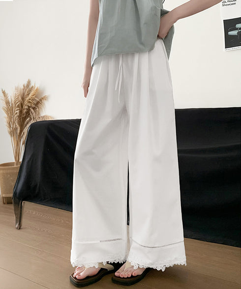 裾レース ワイドパンツ カジュアルパンツ レディースボトムス ハイウエスト ロング丈 リラックス イージーパンツ ウエストゴム 美脚脚長 大人女子 可愛い ダンス 99YHFS-005