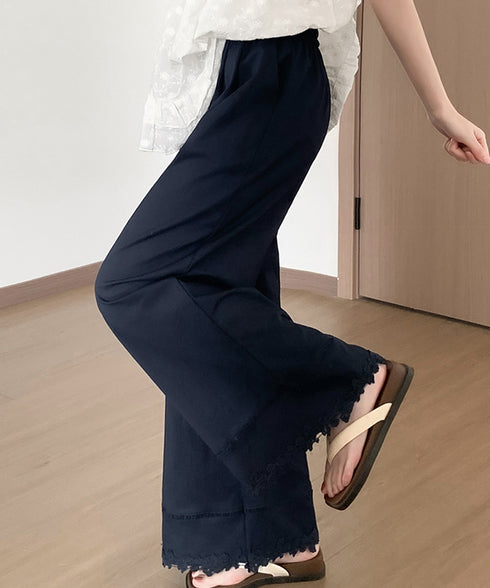 裾レース ワイドパンツ カジュアルパンツ レディースボトムス ハイウエスト ロング丈 リラックス イージーパンツ ウエストゴム 美脚脚長 大人女子 可愛い ダンス 99YHFS-005