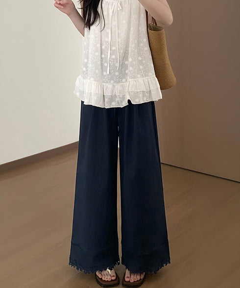 裾レース ワイドパンツ カジュアルパンツ レディースボトムス ハイウエスト ロング丈 リラックス イージーパンツ ウエストゴム 美脚脚長 大人女子 可愛い ダンス 99YHFS-005