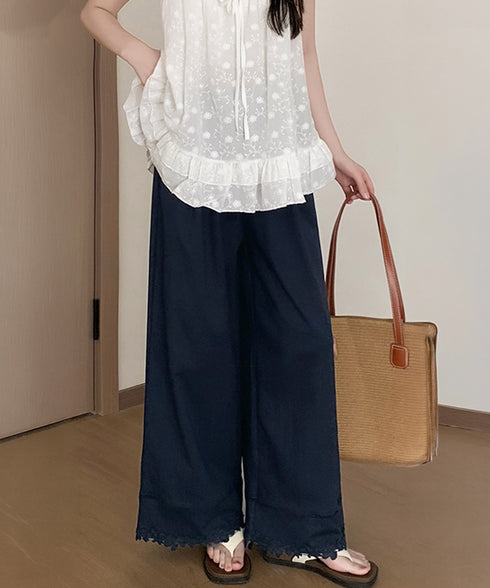 裾レース ワイドパンツ カジュアルパンツ レディースボトムス ハイウエスト ロング丈 リラックス イージーパンツ ウエストゴム 美脚脚長 大人女子 可愛い ダンス 99YHFS-005