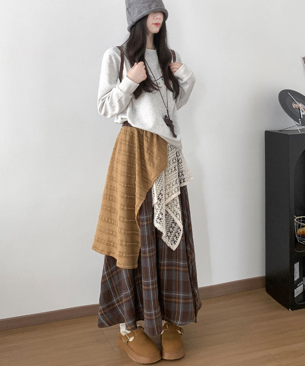 チェック柄 イレヘムスカート レース切替