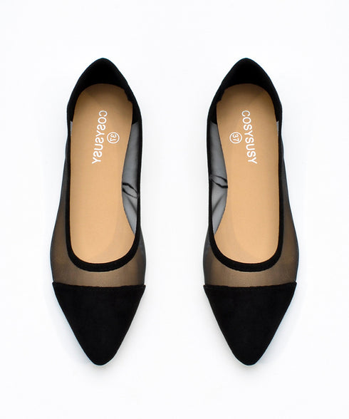 チュールパンプス バレエパンプス 夏靴 レディース ポインテッドトゥ フラット ぺたんこシューズ 軽量きれいめ オフィスカジュアル 大人可愛い 美脚 おしゃれ黒 99YSW-001