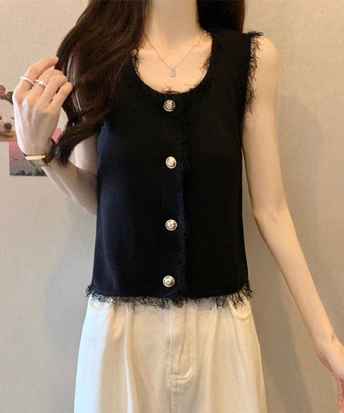 ベスト レディース フリンジ ボタン飾り サマーニット 薄手 ラウンドネック 着やせ お洒落 きれいめ オフィス オルチャン セクシー タイト 大人 人気 99YXFZ-001