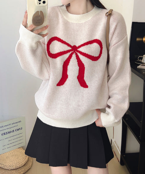 セーター レディース リボン柄 韓国風 ニットプルオーバー ニットソー 体型カバー ゆったり 着やせ 着回し 編み 大人 カジュアル 可愛い おしゃれ 99YYFZ-001