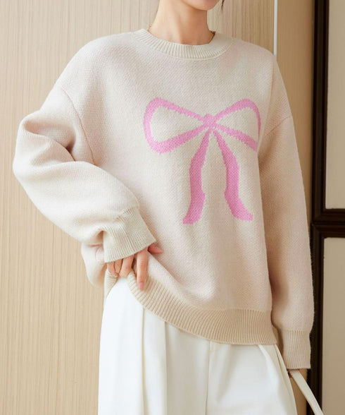 セーター レディース リボン柄 韓国風 ニットプルオーバー ニットソー 体型カバー ゆったり 着やせ 着回し 編み 大人 カジュアル 可愛い おしゃれ 99YYFZ-001