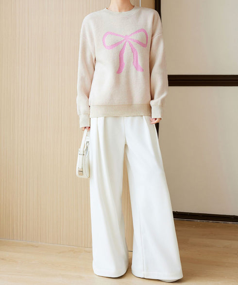 セーター レディース リボン柄 韓国風 ニットプルオーバー ニットソー 体型カバー ゆったり 着やせ 着回し 編み 大人 カジュアル 可愛い おしゃれ 99YYFZ-001