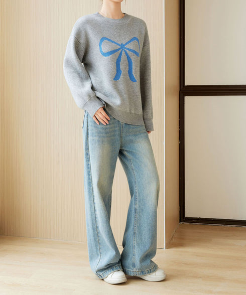 セーター レディース リボン柄 韓国風 ニットプルオーバー ニットソー 体型カバー ゆったり 着やせ 着回し 編み 大人 カジュアル 可愛い おしゃれ 99YYFZ-001