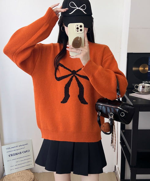 セーター レディース リボン柄 韓国風 ニットプルオーバー ニットソー 体型カバー ゆったり 着やせ 着回し 編み 大人 カジュアル 可愛い おしゃれ 99YYFZ-001
