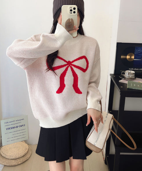 セーター レディース リボン柄 韓国風 ニットプルオーバー ニットソー 体型カバー ゆったり 着やせ 着回し 編み 大人 カジュアル 可愛い おしゃれ 99YYFZ-001