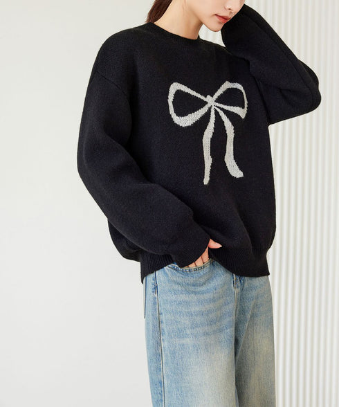セーター レディース リボン柄 韓国風 ニットプルオーバー ニットソー 体型カバー ゆったり 着やせ 着回し 編み 大人 カジュアル 可愛い おしゃれ 99YYFZ-001