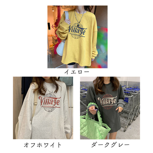 ロゴTシャツ レディース 長袖 韓国 トップス ロング丈 トレーナー オーバーサイズ ゆったり 体型カバー オルチャン カジュアル おしゃれ 英字ロゴ 99YYH-034
